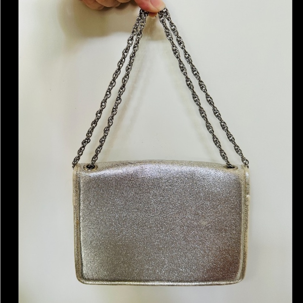 VINTAGE 1960s INGBER SPARKLY SILVER LAME FABRIC EVENING BAG FORMAL METAL CHAIN